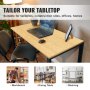 VEVOR bamboo table top used as a desk with chairs, a laptop, a mouse, and versatile workspace examples.