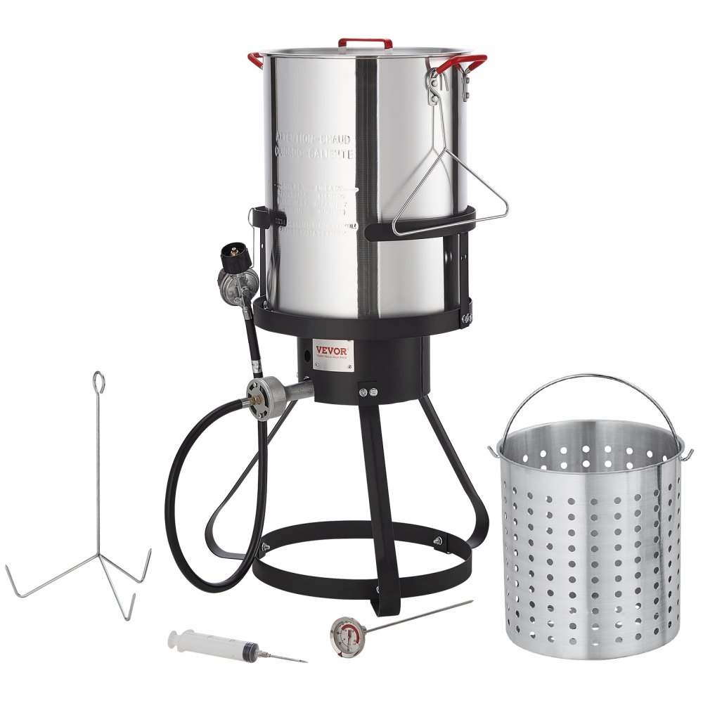 VEVOR Turkey Fryer, 30 Quart Turkey Fryer Kettle Steamer Cooking Set, Outdoor Aluminum Frying Pot, 54,000 BTU Burner Propane Gas Kettle, Includes Basket, Perforated Poultry Rack, etc.