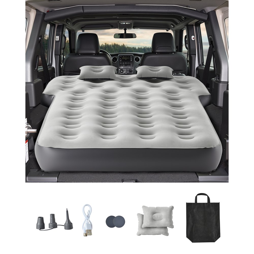 VEVOR Car Air Mattress, Fits Toyota 4runner, Jeep Wrangler, Inflatable Car Camping Mattress, Flocking Thickened Blow Up Travel Beds, Durable Portable Sleeping Pad with Built in Pump, 2 Pillows, Gray