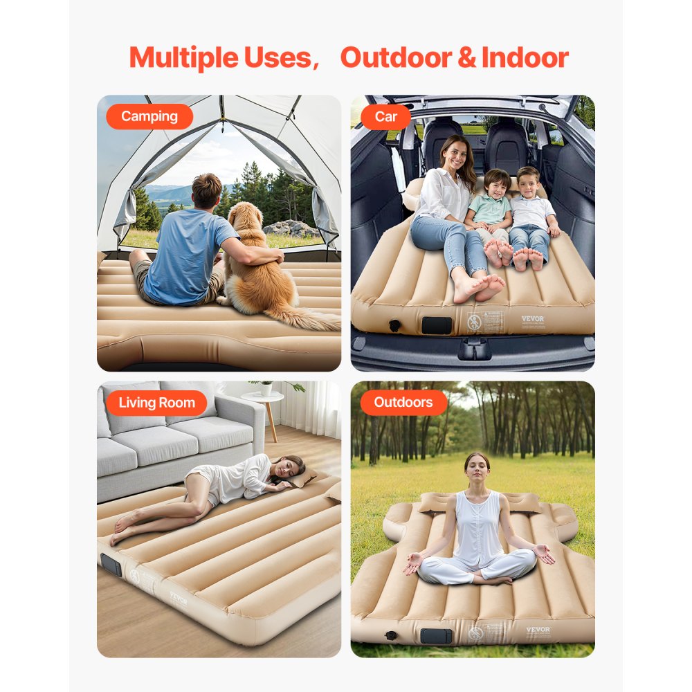 VEVOR Car Air Mattress, Fits Tesla Model Y (2020-2024), Inflatable Car Camping Mattress, Flocking Thickened Blow Up Travel Beds, Durable Portable Sleeping Pad with Built in Pump, 2 Pillows, Beige