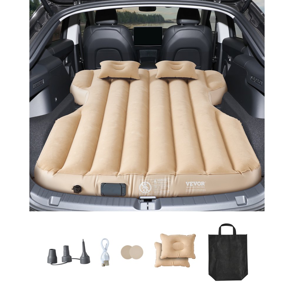 VEVOR Car Air Mattress, Fits Tesla Model Y (2020-2024), Inflatable Car Camping Mattress, Flocking Thickened Blow Up Travel Beds, Durable Portable Sleeping Pad with Built in Pump, 2 Pillows, Beige