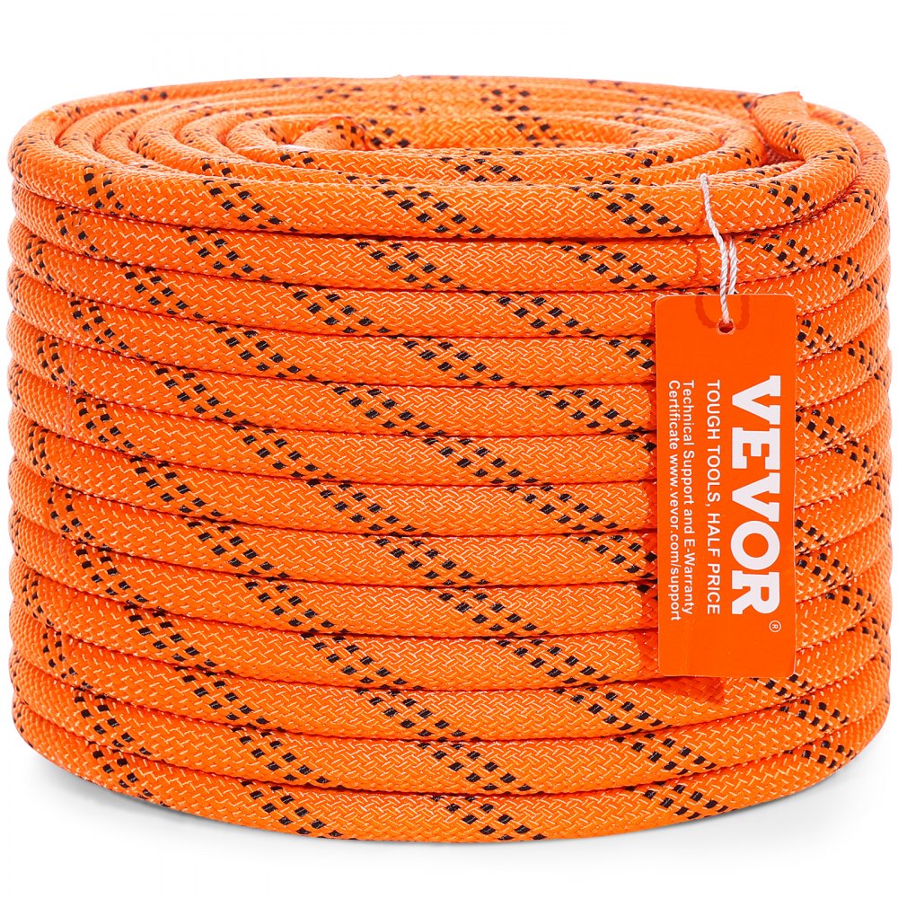 orange coiled VEVOR double braided polyester rope with tag featuring technical details and branding.