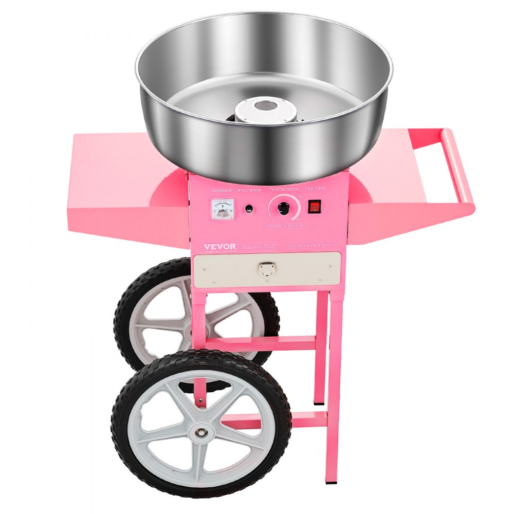 VEVOR Elektrische Suikerspinmachine Commerciële Suikerspinmachine met Kar (1000W) met 52cm RVS Kom & Suikerschep & Lade, Perfect voor Kinderfeestjes Familiefeestjes Roze