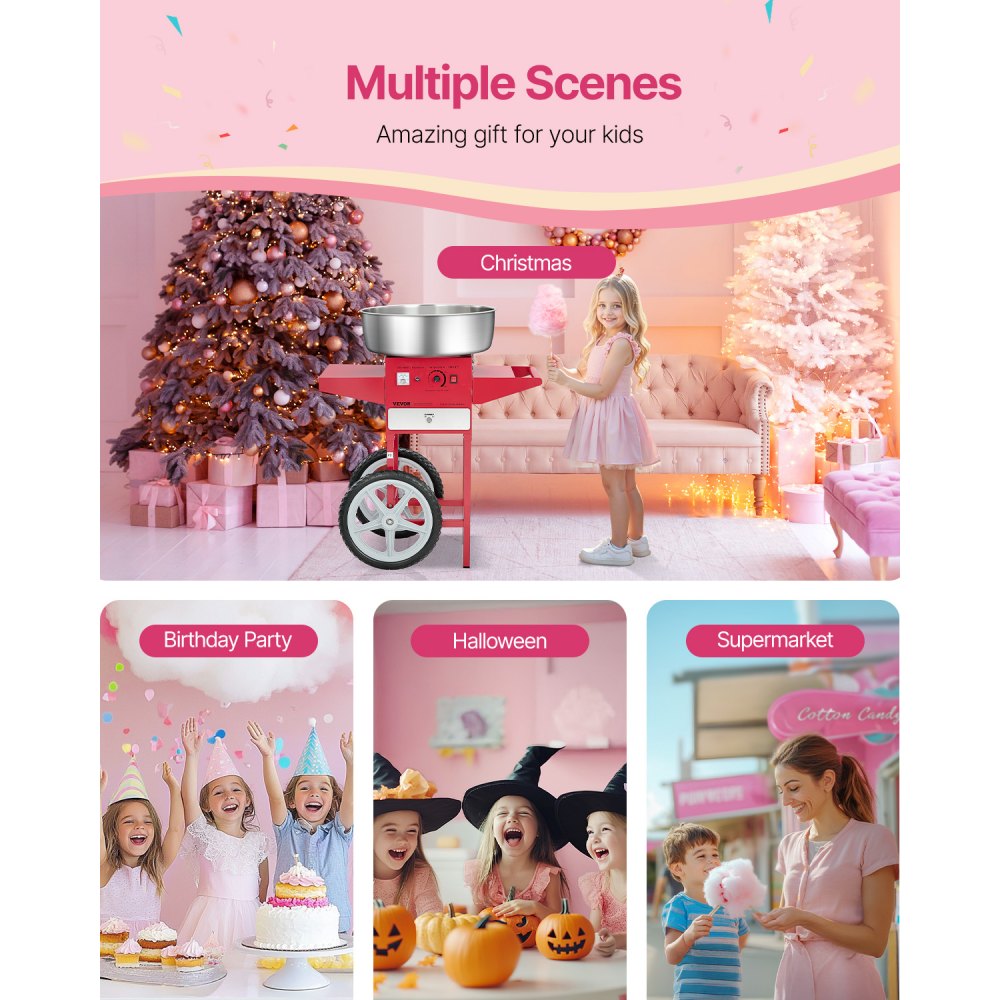 VEVOR Elektrische Suikerspinmachine Commerciële Suikerspinmachine met Kar (1000W) met 52cm RVS Kom & Suikerschep & Lade, Perfect voor Kinderfeestjes Familiefeestjes Rood