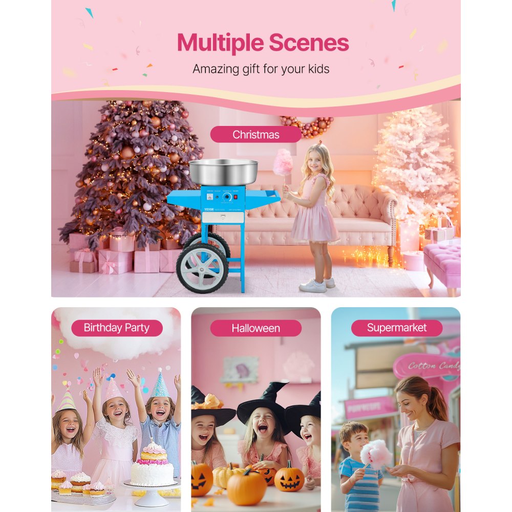 VEVOR Elektrische Suikerspinmachine Commerciële Suikerspinmachine met Kar (1000W) met 52cm RVS Kom & Suikerschep & Lade, Perfect voor Kinderfeestjes Familiefeestjes Blauw