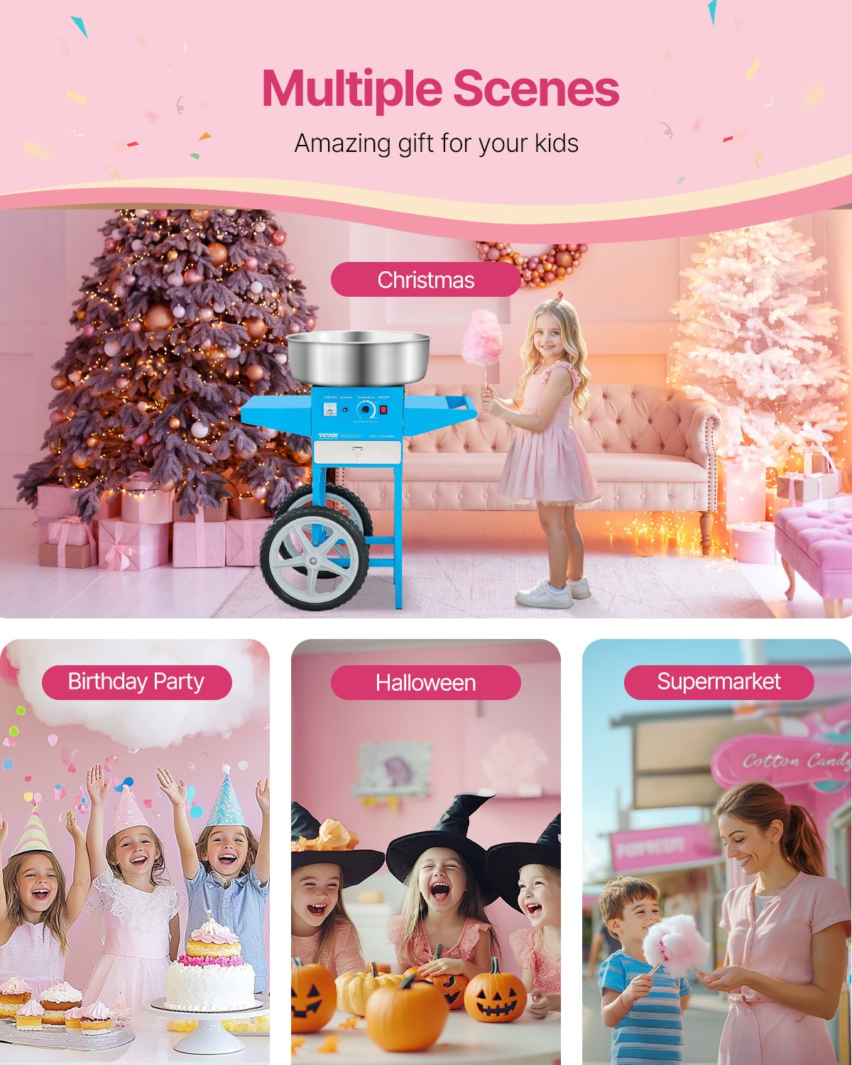 VEVOR Elektrische Suikerspinmachine Commerciële Suikerspinmachine met Kar (1000W) met 52cm RVS Kom & Suikerschep & Lade, Perfect voor Kinderfeestjes Familiefeestjes Blauw