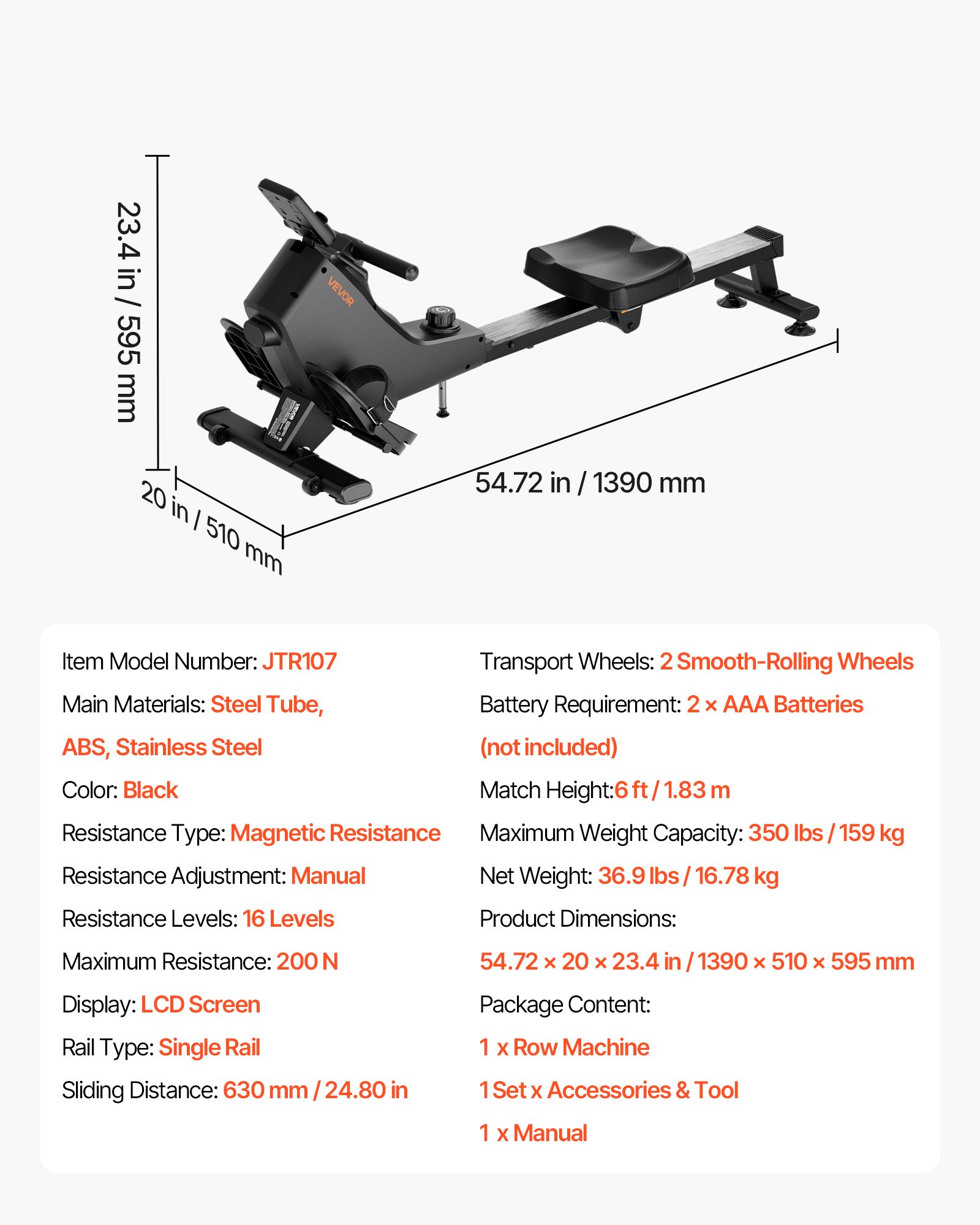VEVOR stille magnetische roeimachine met 16 weerstandsniveaus, opvouwbare roeimachine voor thuisgebruik met soepel katrolsysteem en LCD-monitor, compatibel met Bluetooth-app, maximaal gebruikersgewicht 158 ​​kg