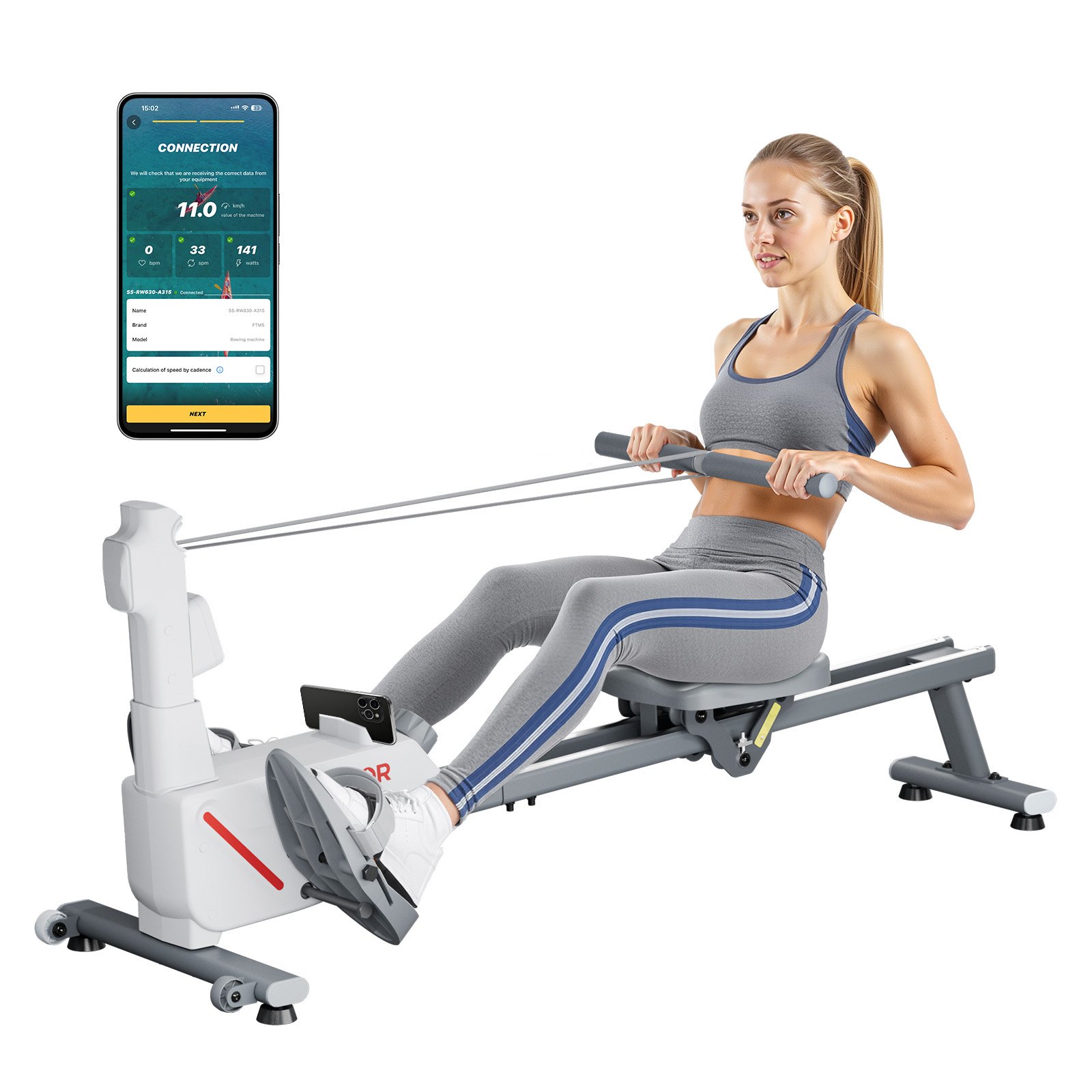VEVOR stille magnetische roeimachine, 16 instelbare weerstandsniveaus, opvouwbare roeimachine voor thuisgebruik met dubbele glijrails en lcd-monitor, compatibel met Bluetooth-app, maximaal gebruikersgewicht 158 ​​kg