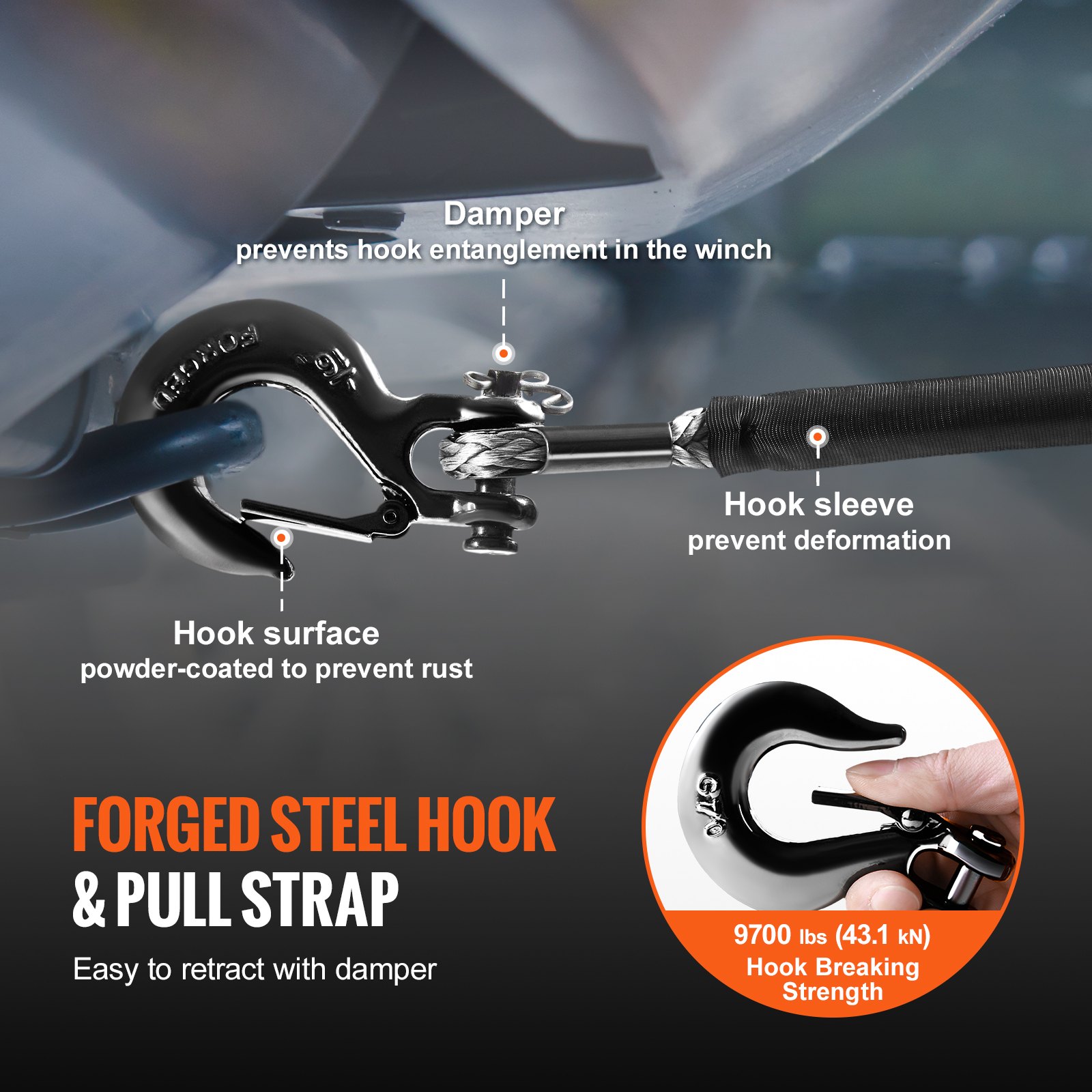 VEVOR kunststof touw 4,8 mm x 15,2 m lier synthetisch touw gemaakt van 12 strengen hoogmoleculaire polyethyleenvezels lierkabel Powerline Ideaal voor het trekken van ATV's UTV's auto's SUV's en grote terreinwagens