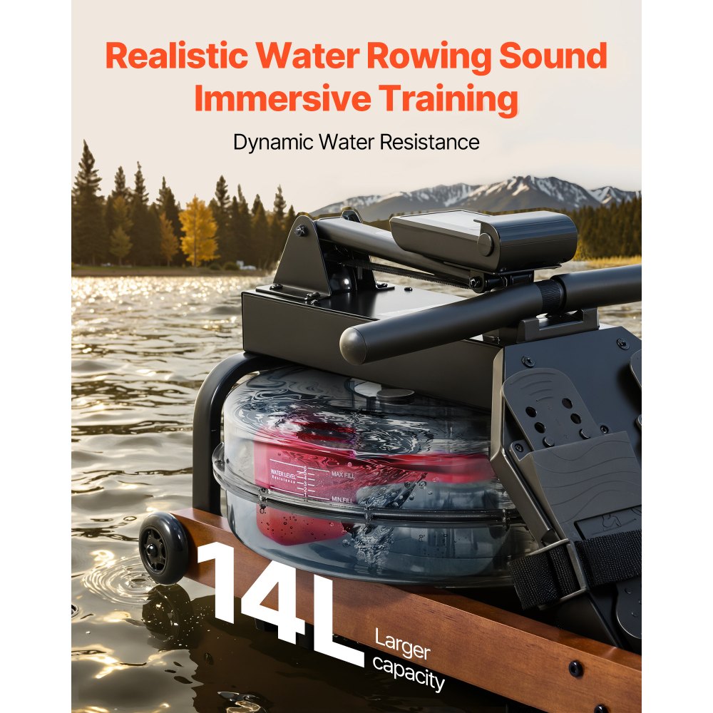 VEVOR Roeitrainer, 6-traps stille weerstand, opvouwbare houten waterroeitrainer met 14 liter watertank en lcd-scherm, compatibel met Bluetooth-app, draagvermogen van 158 kg, meeslepende roeitrainer