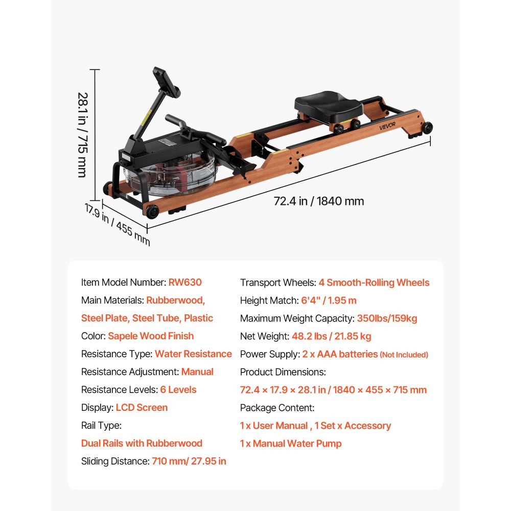 VEVOR Roeimachine, 6-traps stille weerstand, opvouwbare houten waterroeimachine met 14 liter watertank en lcd-monitor, Bluetooth-app-compatibel, maximaal draagvermogen van 158 kg, meeslepende roeimachine