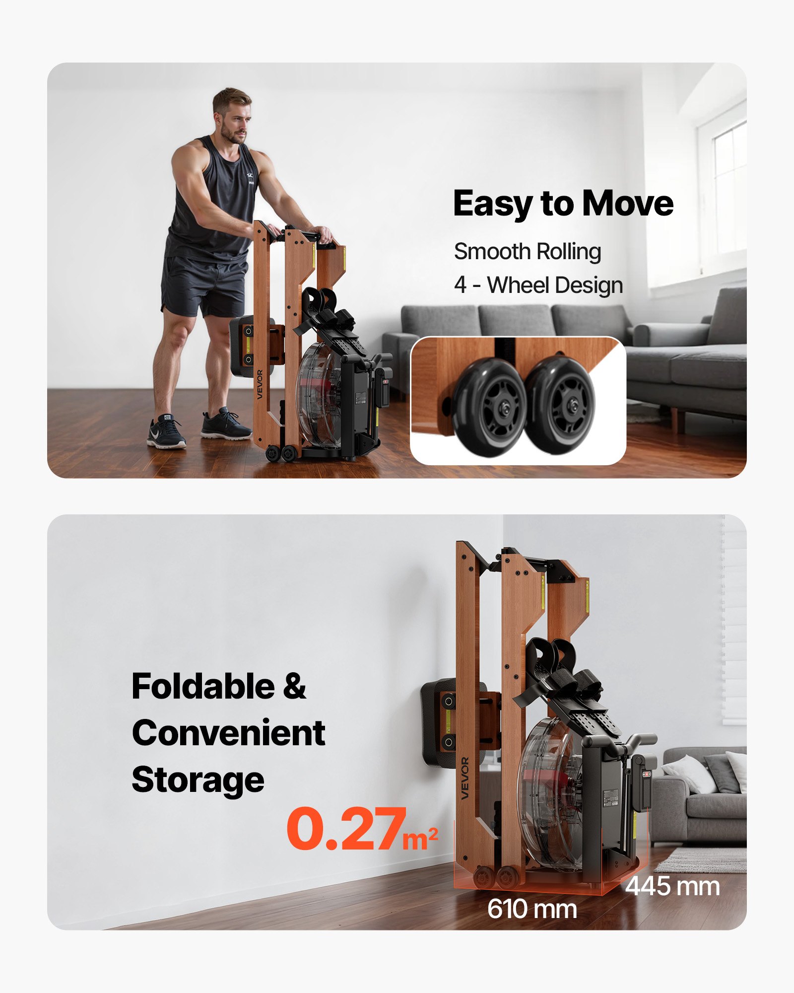 VEVOR Roeimachine, 6-traps stille weerstand, opvouwbare houten waterroeimachine met 14 liter watertank en lcd-monitor, Bluetooth-app-compatibel, maximaal draagvermogen van 158 kg, meeslepende roeimachine