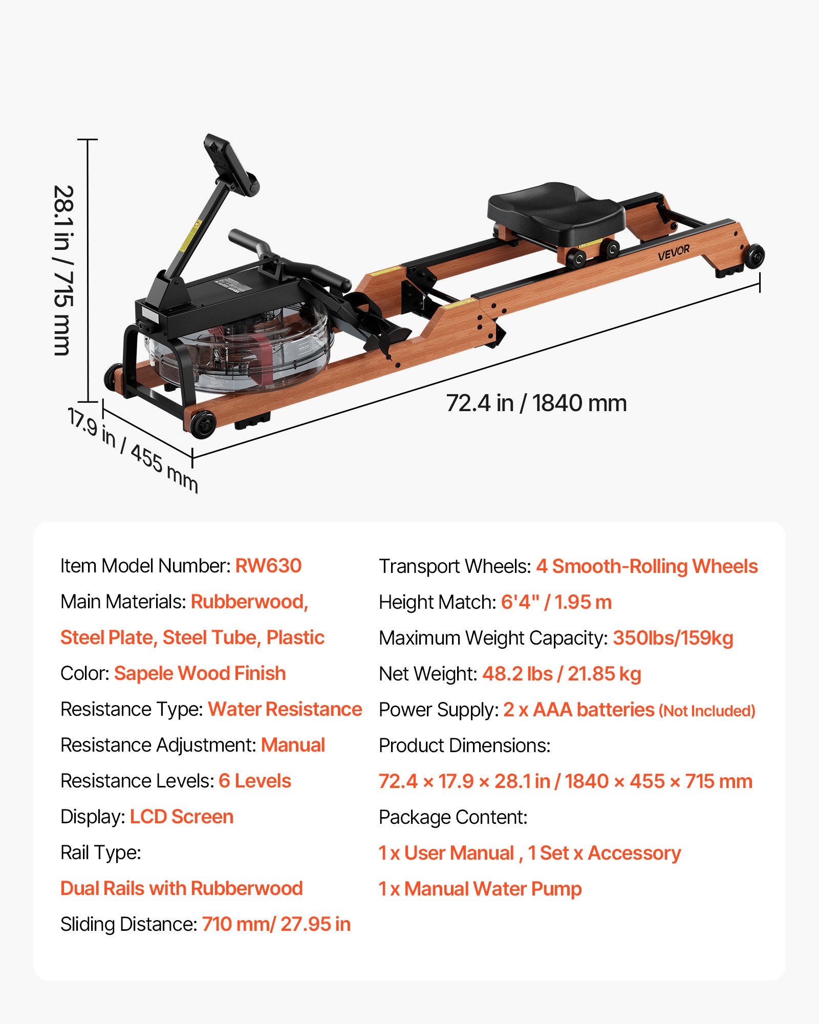 VEVOR Roeimachine, 6-traps stille weerstand, opvouwbare houten waterroeimachine met 14 liter watertank en lcd-monitor, Bluetooth-app-compatibel, maximaal draagvermogen van 158 kg, meeslepende roeimachine