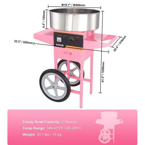VEVOR elektrische suikerspinmaker met kar 1000W commerciële suikerspinmaker met roestvrijstalen kom, suikerschep en lade, perfect voor verjaardagsfeestjes voor kinderen, familiefeest, roze