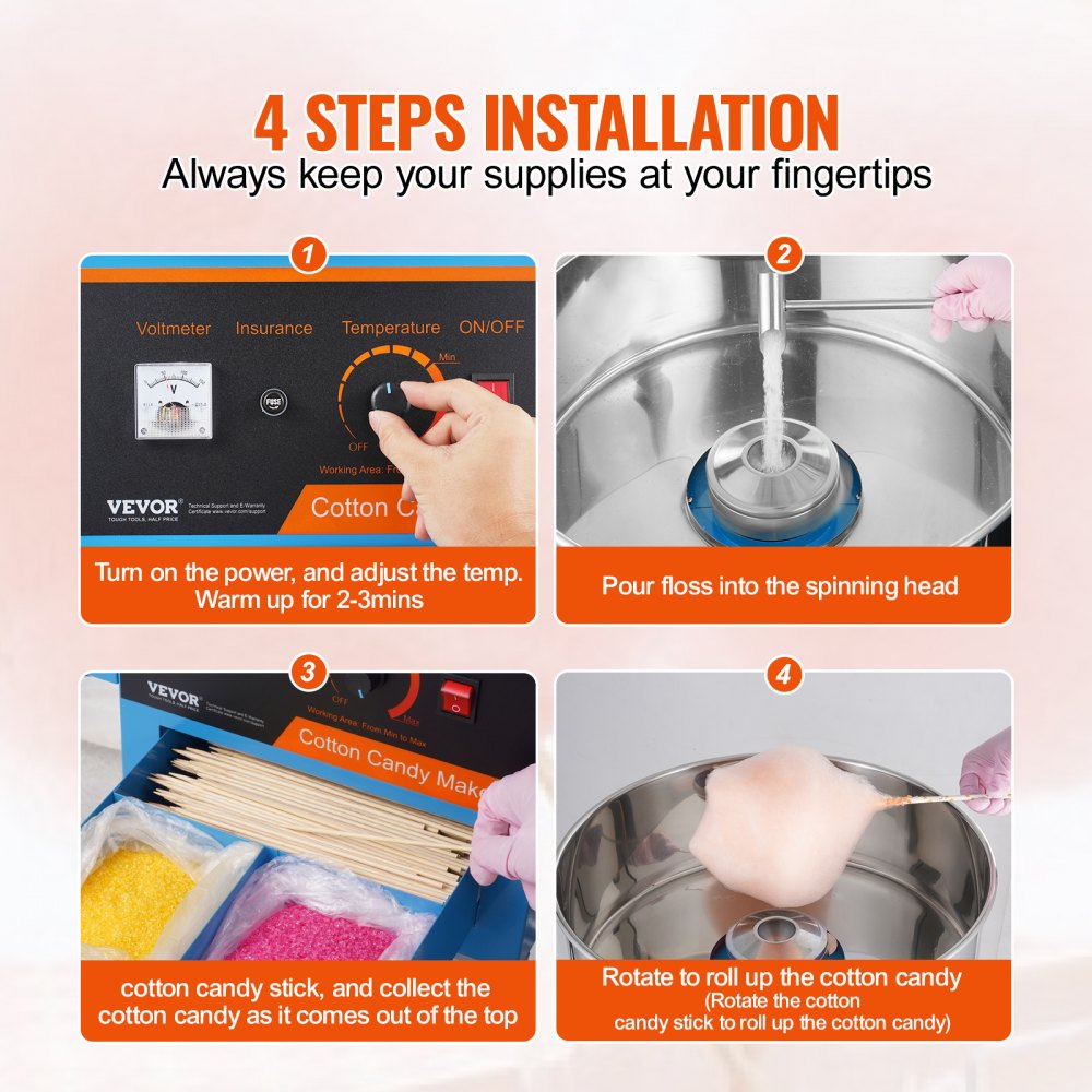 VEVOR Elektrische Suikerspinmachine met kar, 1000W Commerciële Suikerspinmachine met deksel, RVS kom, suikerschep en lade, voor kinderfeestjes, familiefeestjes, Blauw
