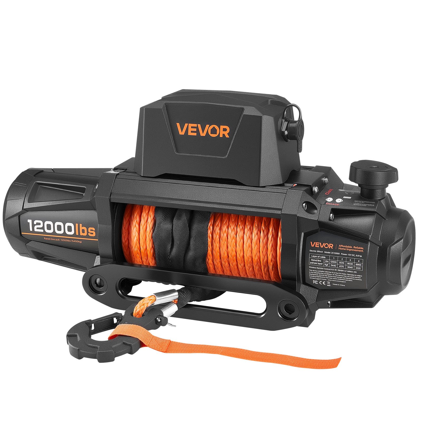 VEVOR elektrische lier, 5400 kg, 12 V DC vrachtwagenlier met Φ 9,5 mm x 28 m synthetisch touw, draadloze en bekabelde afstandsbediening, IP67 voor het slepen van SUV's, jeeps, aanhangwagens en boten