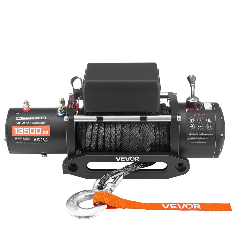 VEVOR elektrische lier, 6100 kg, 12 V DC elektrische lier met 26 m synthetisch touw, draadloze en bekabelde afstandsbediening, IP55, voor het slepen van terreinwagens, jeeps, aanhangwagens en boten