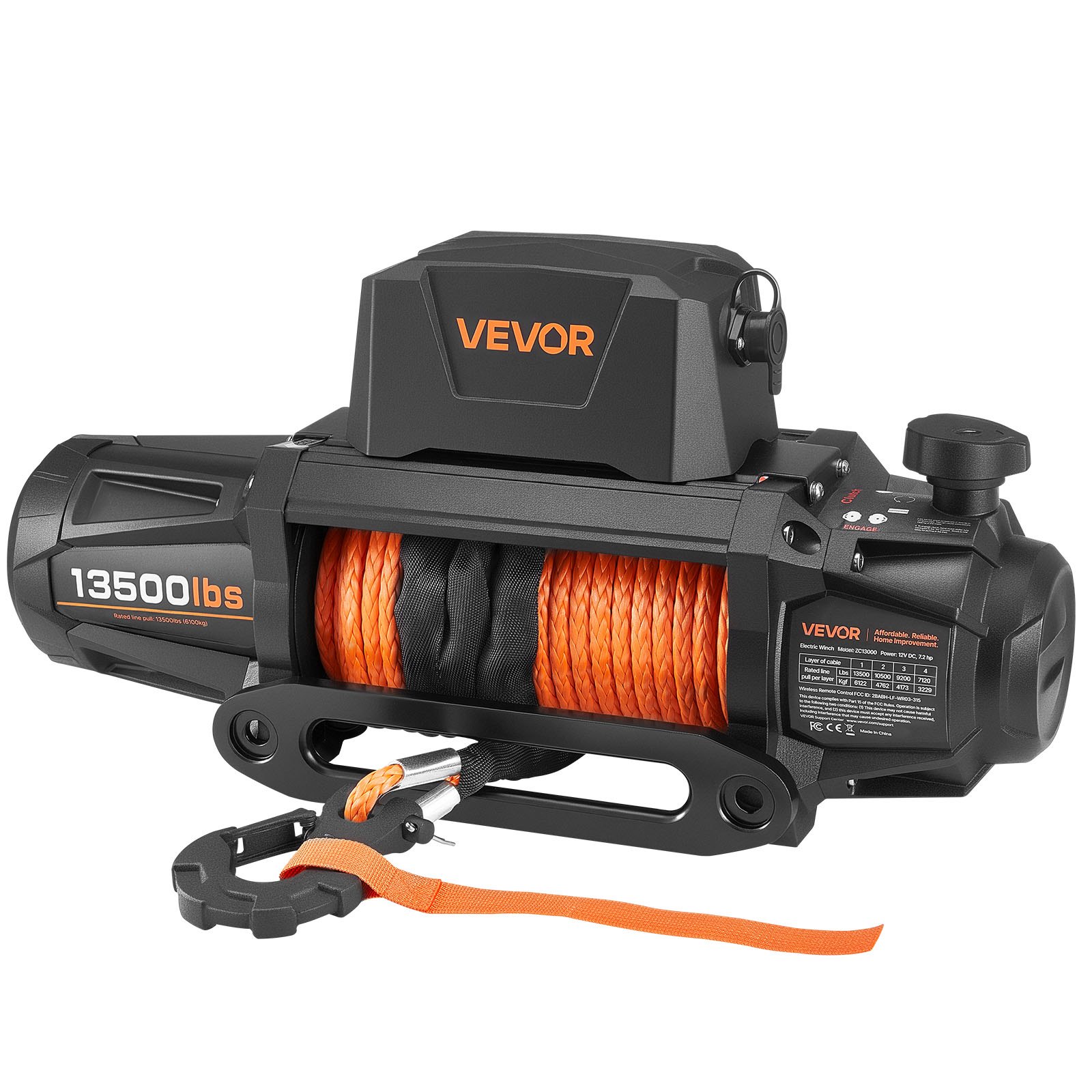 VEVOR elektrische lier, 6100 kg, 12 V DC vrachtwagenlier met Φ 9,5 mm x 28 m synthetisch touw, draadloze en bekabelde afstandsbediening, IP67 voor het slepen van SUV's, jeeps, aanhangwagens en boten