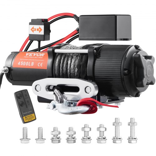 VEVOR Elektrische Lier 12V 4500lbs/2041kg Offroad Motor Lier Kabel Elektrische Lier Nylon Touw met Draadloze Afstandsbediening Zwart Ideaal voor middelgrote SUV's, vrachtwagens en zelfs jachten