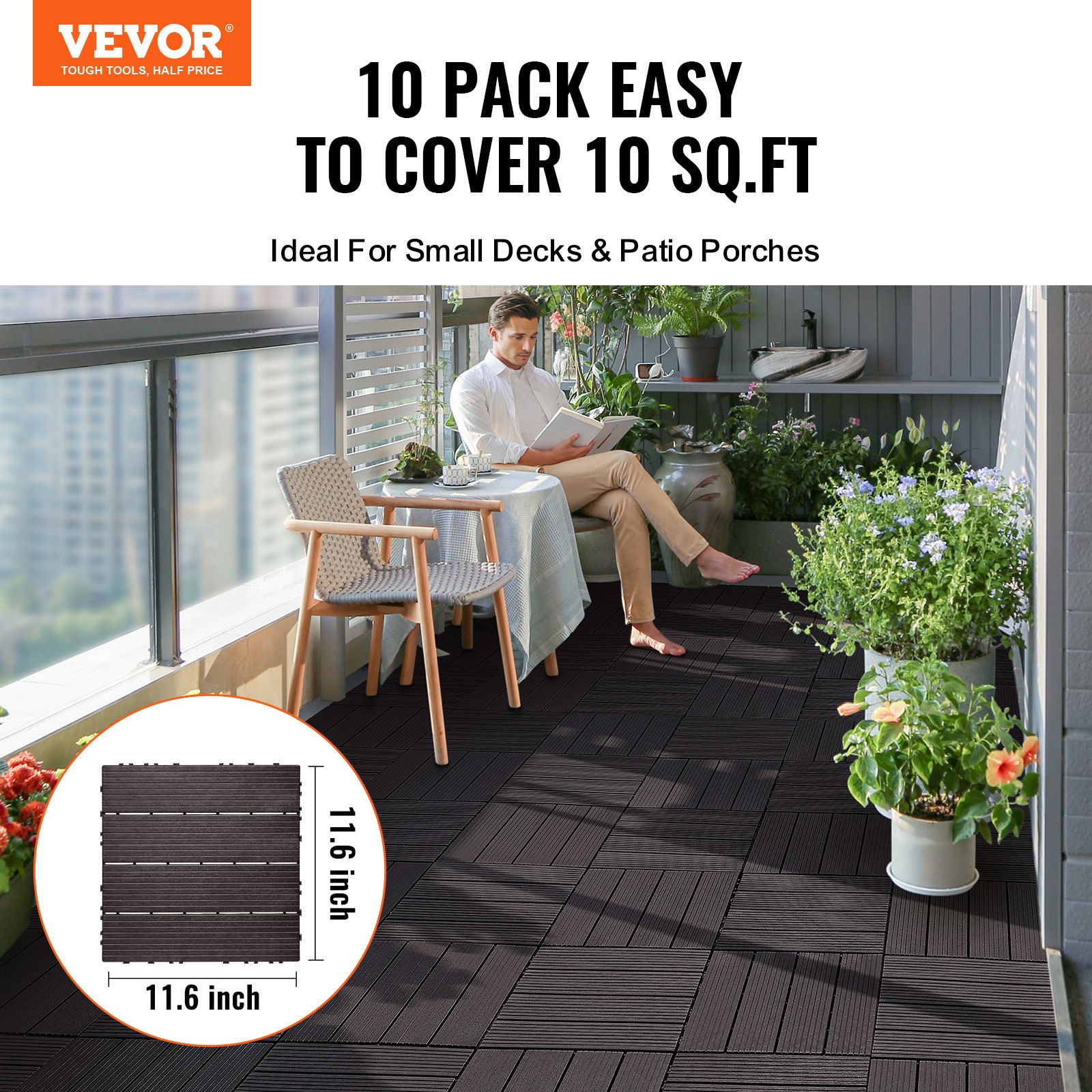 VEVOR Interlocking Deck Tiles, 10 Pack,12"x12" 10 sq. ft Plastic Waterproof Outdoor Flooring All Weather Use, Patio Floor Decking Covering Tiles for Porch Poolside Balcony Backyard, Dark Brown