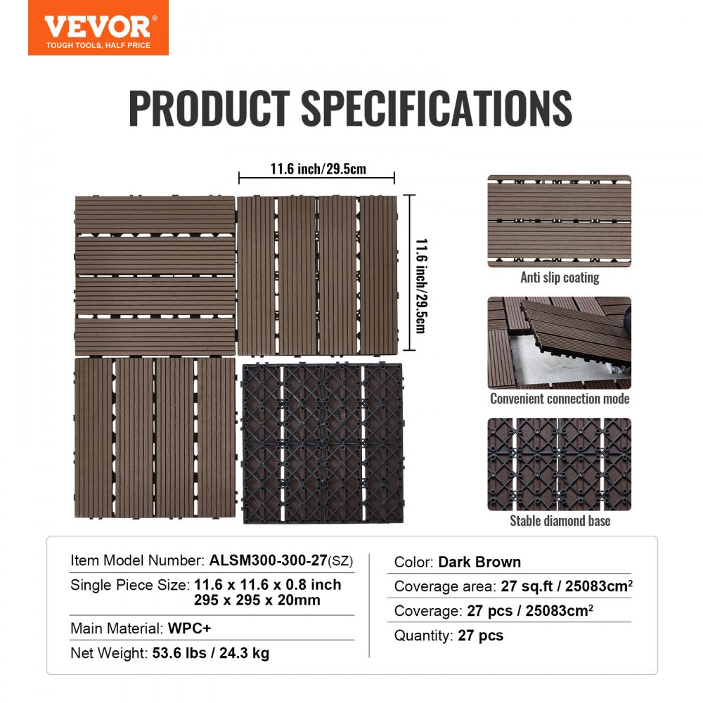 VEVOR Interlocking Deck Tiles Plastic Wood, 27 Pack,12"x12" 27 sq. ft Waterproof Outdoor Flooring All Weather Use, Patio Floor Decking Covering Tiles for Porch Poolside Balcony Backyard, Dark Brown
