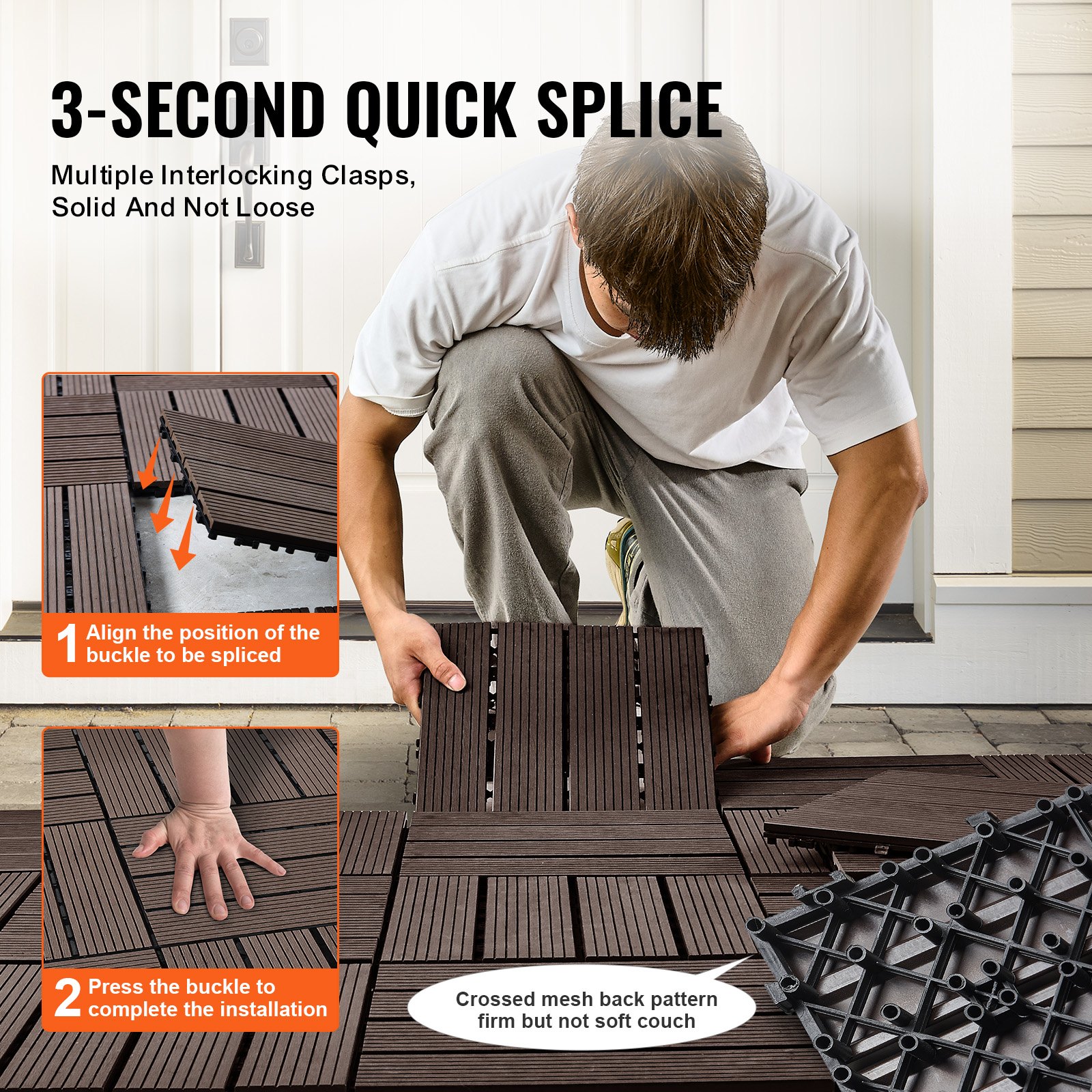 VEVOR Interlocking Deck Tiles Plastic Wood, 27 Pack,12"x12" 27 sq. ft Waterproof Outdoor Flooring All Weather Use, Patio Floor Decking Covering Tiles for Porch Poolside Balcony Backyard, Dark Brown