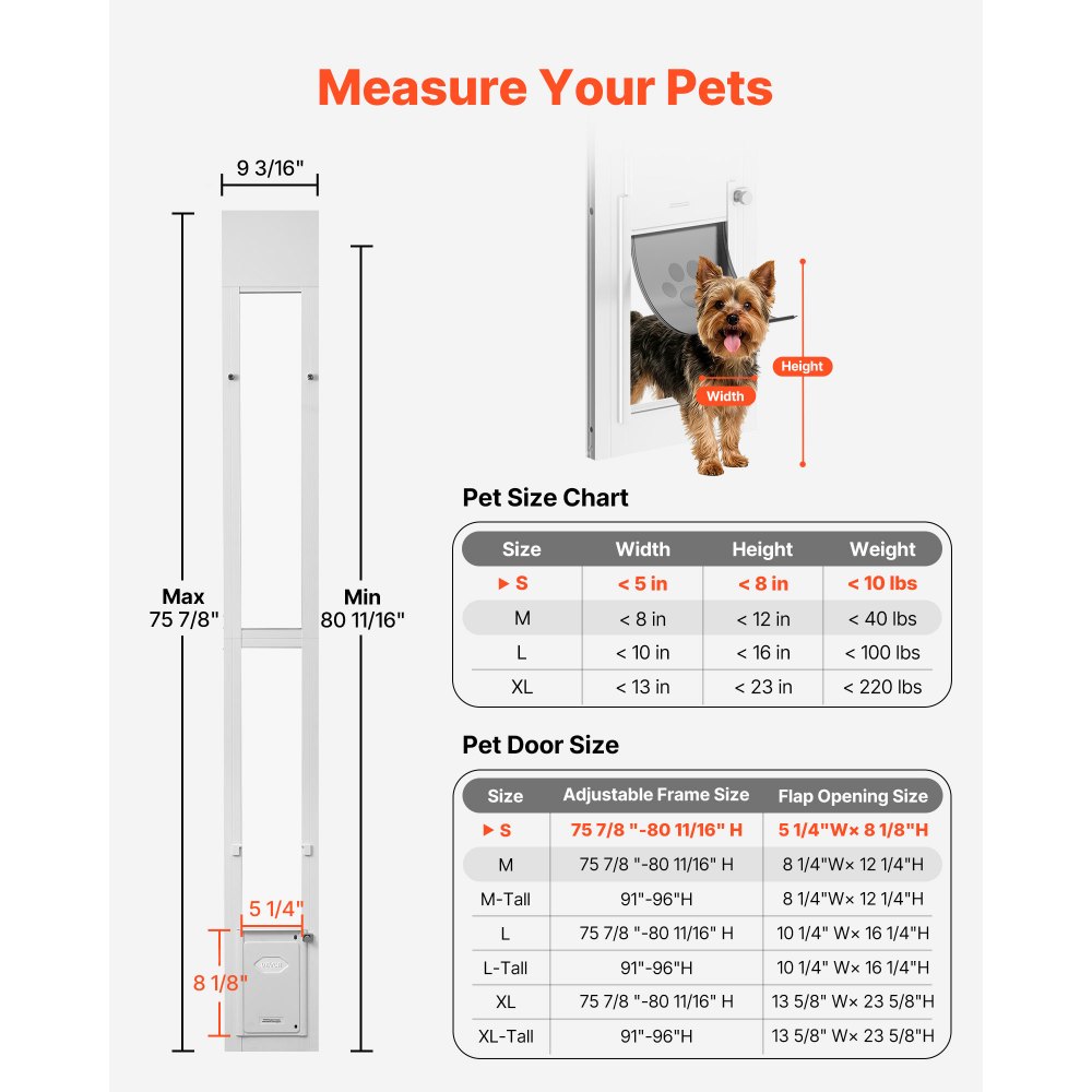 VEVOR hondenluik voor glazen schuifdeur, in hoogte verstelbaar van 1927 tot 2049 mm, frame van aluminiumlegering met klep en draaischarnier, afsluitbaar, voor kleine honden, huisdierluiken, S