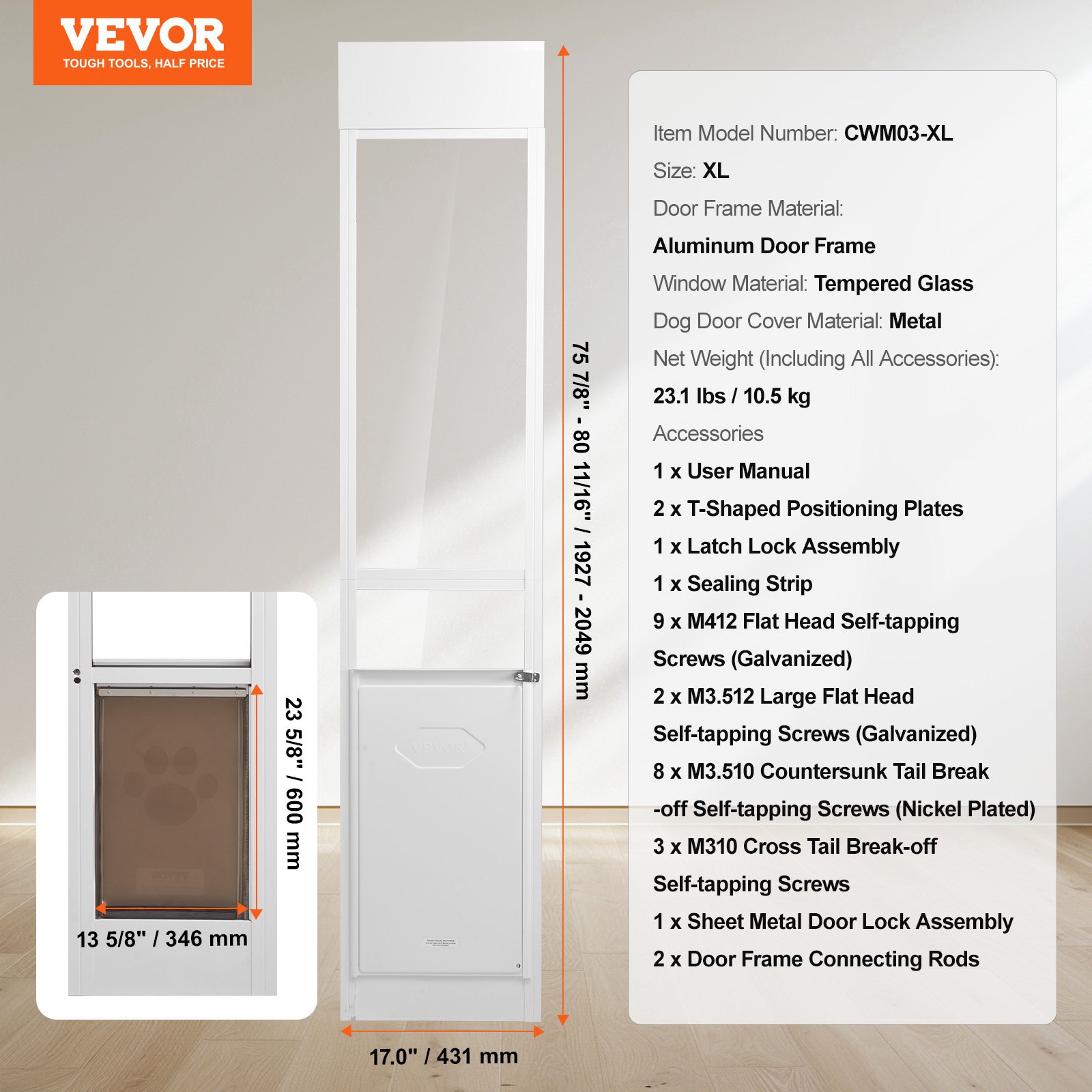 VEVOR Dog Door for Sliding Glass Door, 75 7/8"-80 11/16" Adjustable Height Doggy Door for Sliding Doors, Aluminum Frame Tempered Glass Pet Door with Hinge Structure Flap and Lock for Large-Sized Dogs