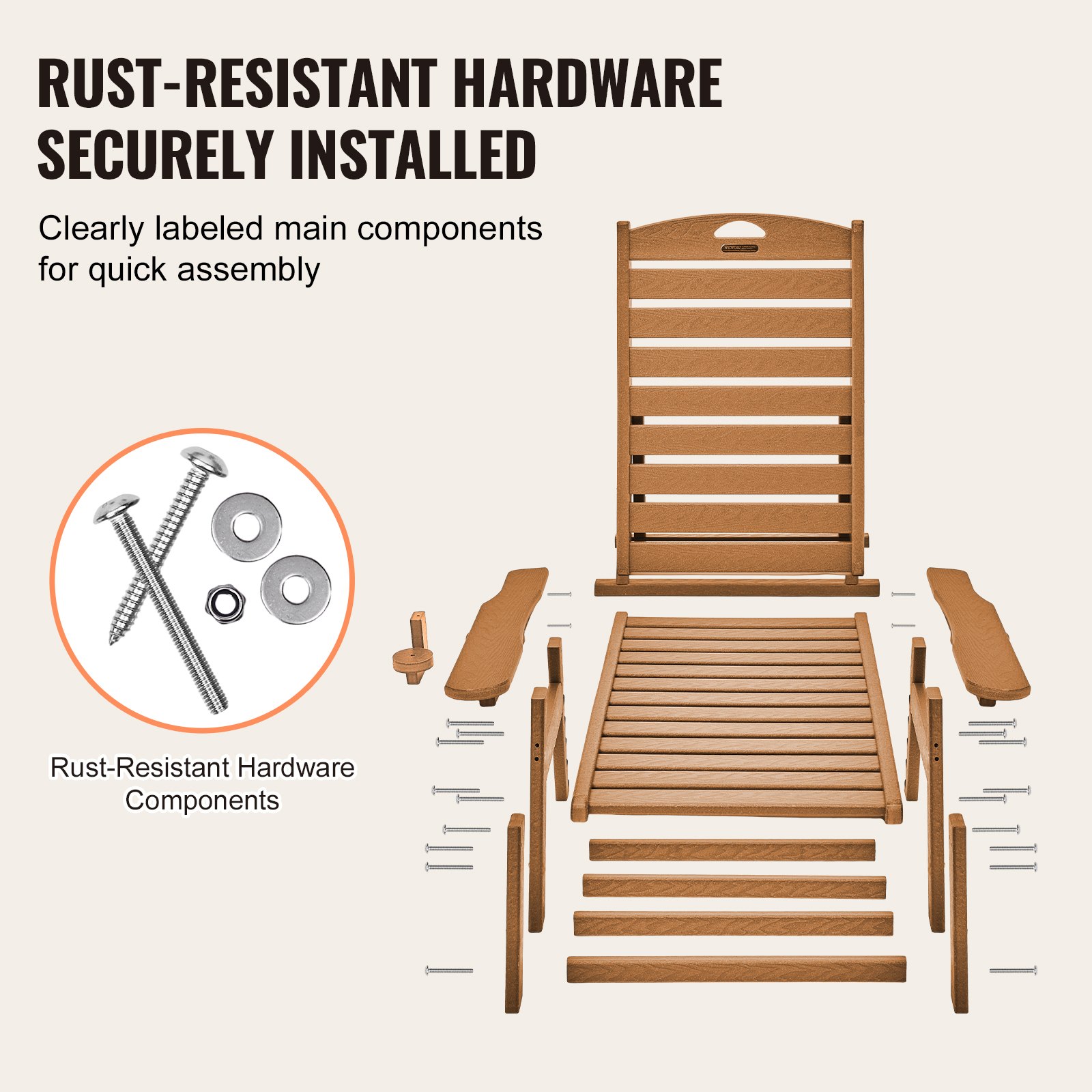 VEVOR ligstoel, draagvermogen 181 kg, HDPE tuinligstoel, strandligstoel met 6-voudig verstelbare rugleuning, armleuning, bekerhouder, balkonligstoel, terrasligstoel voor zwembad, terras, patio, gazon, bruin