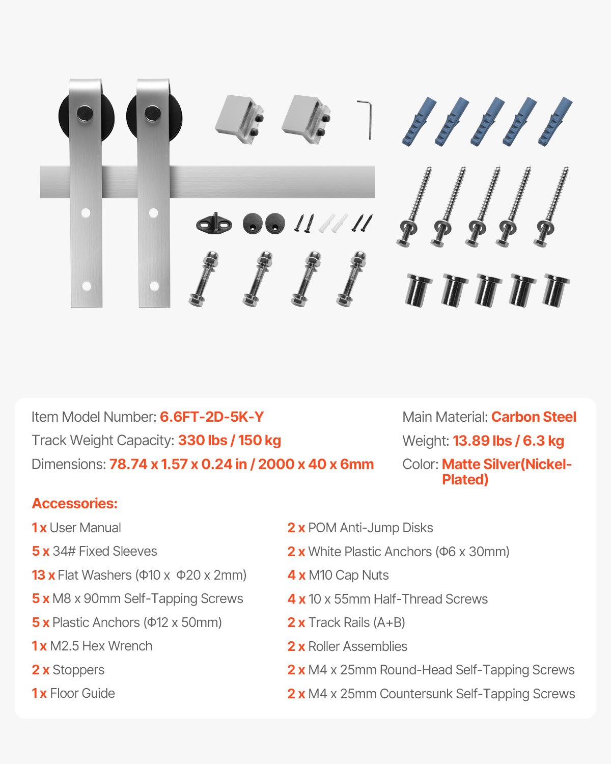 VEVOR Schuifdeursysteem 2 m rail, schuifdeurbevestiging, draagvermogen 150 kg, compatibel met 91 tot 101,6 cm breedte en 34,92 mm tot 44,45 mm dikte, duurzame rail en J-vormige rol