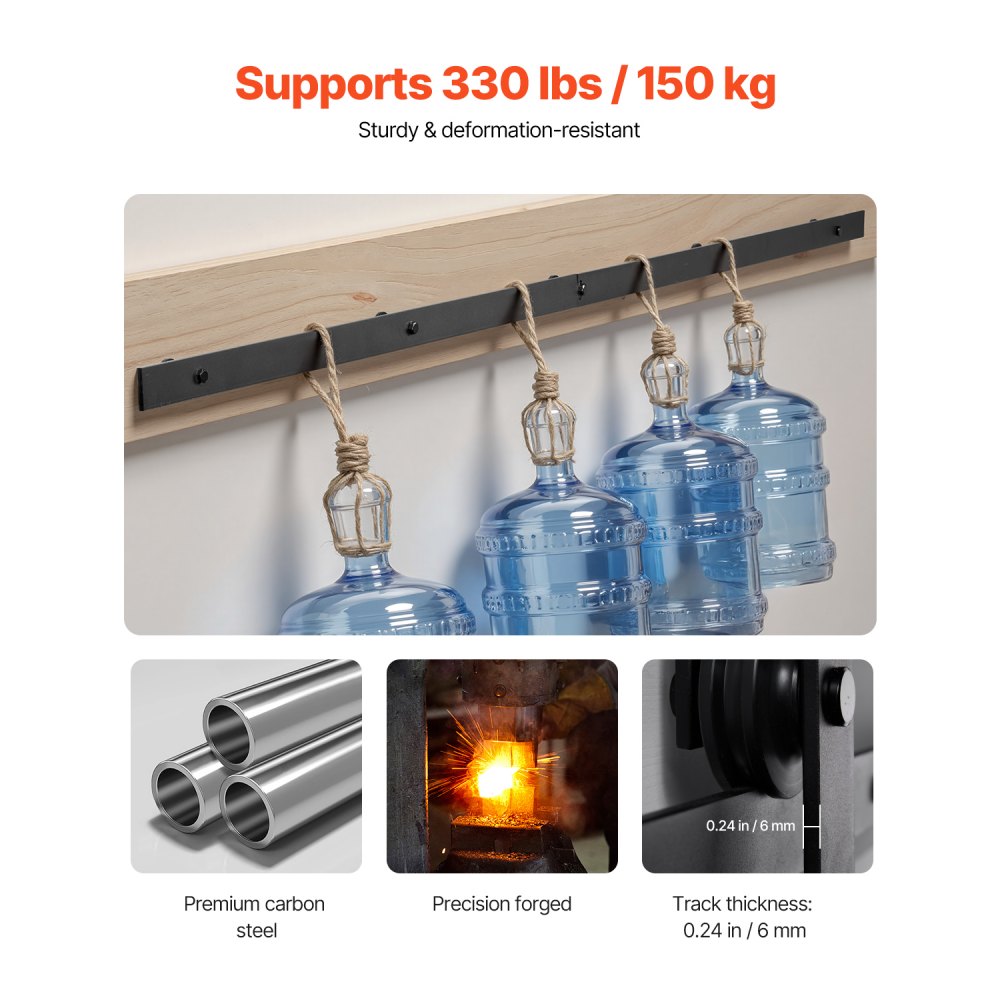 VEVOR Schuifdeursysteem 2 m rail, draagvermogen 150 kg, compatibel met 91,4-101,6 cm breedte en 3,5-4,5 cm dikte, enkele schuifdeur, rail en J-vormige rol, zwart