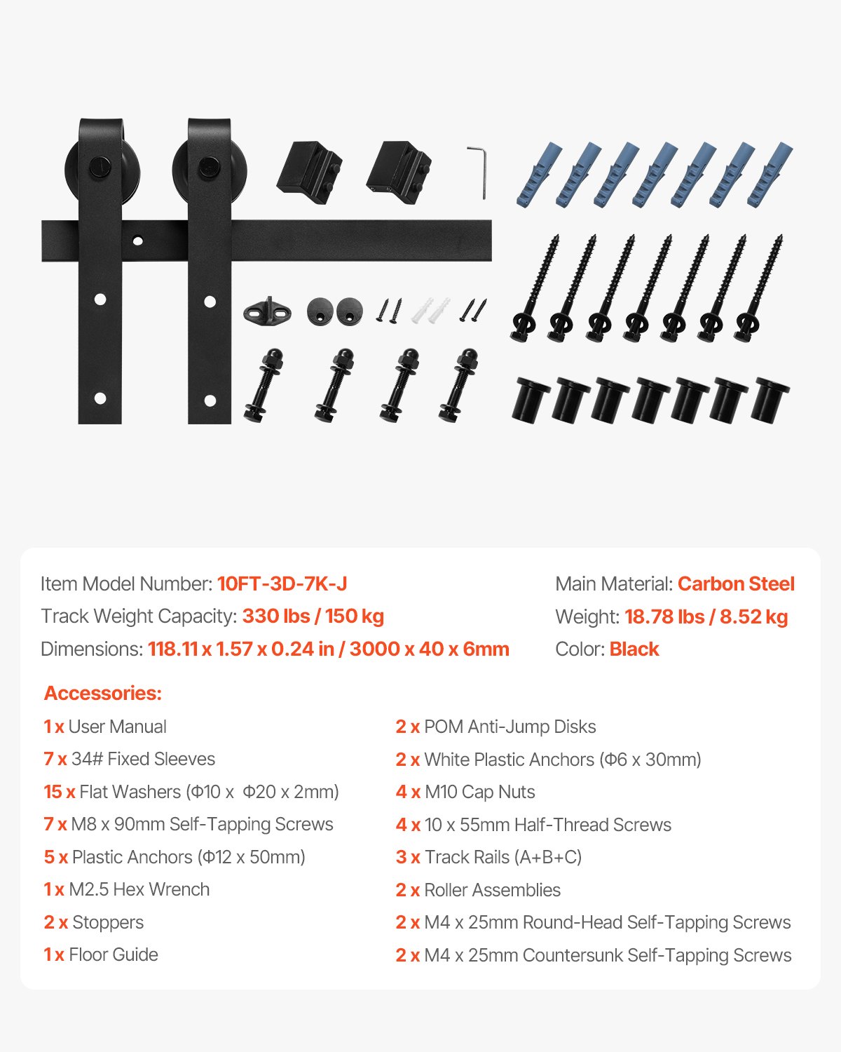 VEVOR 3 m schuifdeursysteem Passend voor enkele schuifdeur, 150 kg, Geschikt voor een maximale breedte van 1524 mm en een dikte van 1-3/8 tot 1-3/4 inch, Rail & J-vormige rol, Zwart