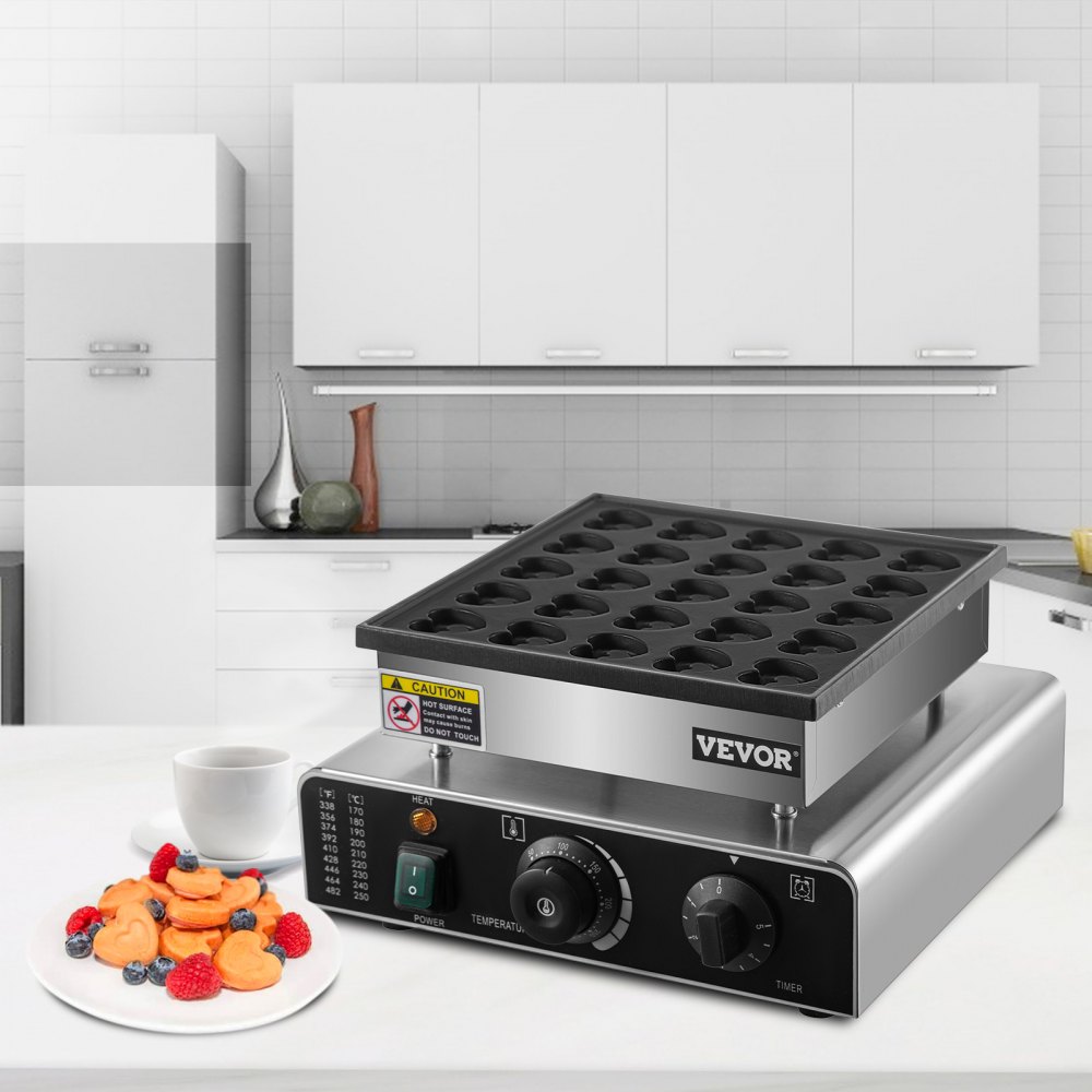 VEVOR Mini Dutch Pancake Maker 850W Nederlandse Pannenkoekenmaker 300x320x180 mm Wafelijzer Maker van Roestvrij Staal en Teflon Gecoat Aluminium met Hartvormige Mallen, Temperatuur- en Tijdregeling