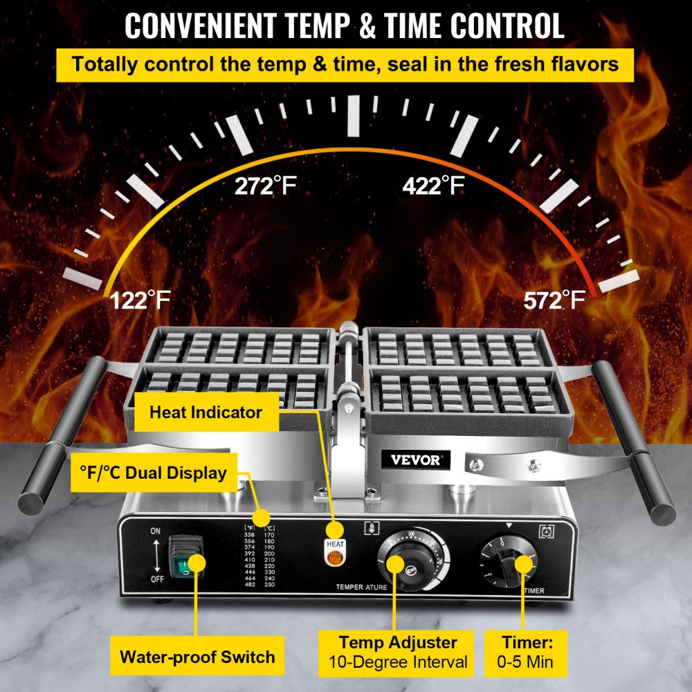 VEVOR Elektrische Wafelijzer 1600W Belgische Wafelijzer 8kg Rechthoek Commerciële Wafelijzer van Roestvrij Staal en Teflon Gecoat Aluminium met Omkeerbare Dubbele Pannen, Temperatuur- en Tijdregeling