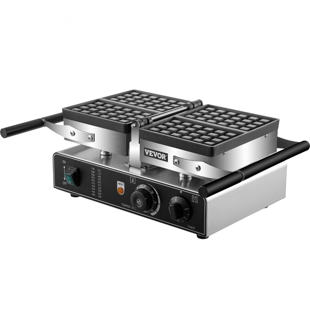 VEVOR Elektrische Wafelijzer 1600W Belgische Wafelijzer 8kg Rechthoek Commerciële Wafelijzer van Roestvrij Staal en Teflon Gecoat Aluminium met Omkeerbare Dubbele Pannen, Temperatuur- en Tijdregeling