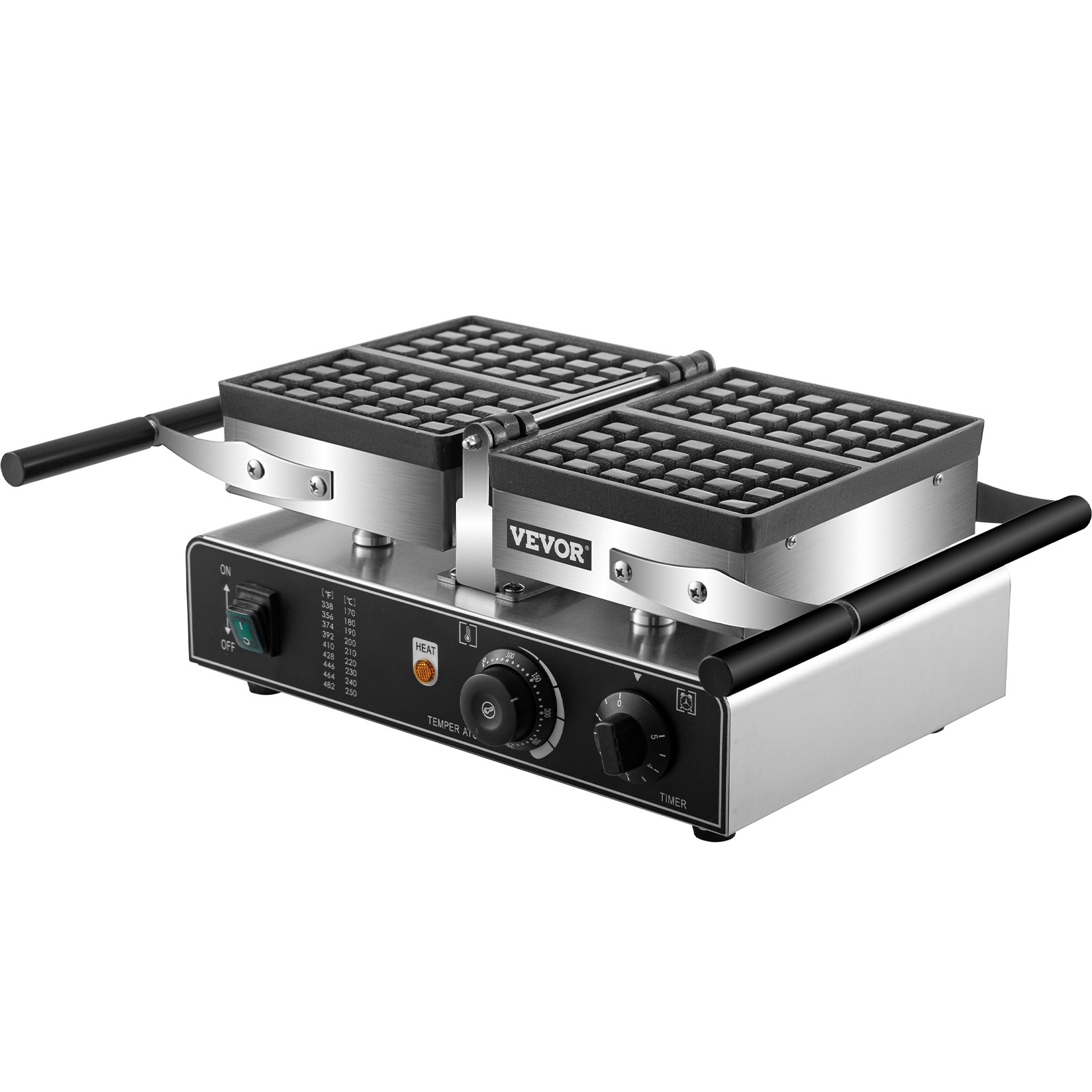 VEVOR Elektrische Wafelijzer 1600W Belgische Wafelijzer 8kg Rechthoek Commerciële Wafelijzer van Roestvrij Staal en Teflon Gecoat Aluminium met Omkeerbare Dubbele Pannen, Temperatuur- en Tijdregeling