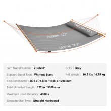 VEVOR Hammock for 2 Person Double Hammock with Curved Spreader Bar Removable Pillow and Portable Carrying Bag Hammock for Outdoor Use Load Capacity 200 kg Gray