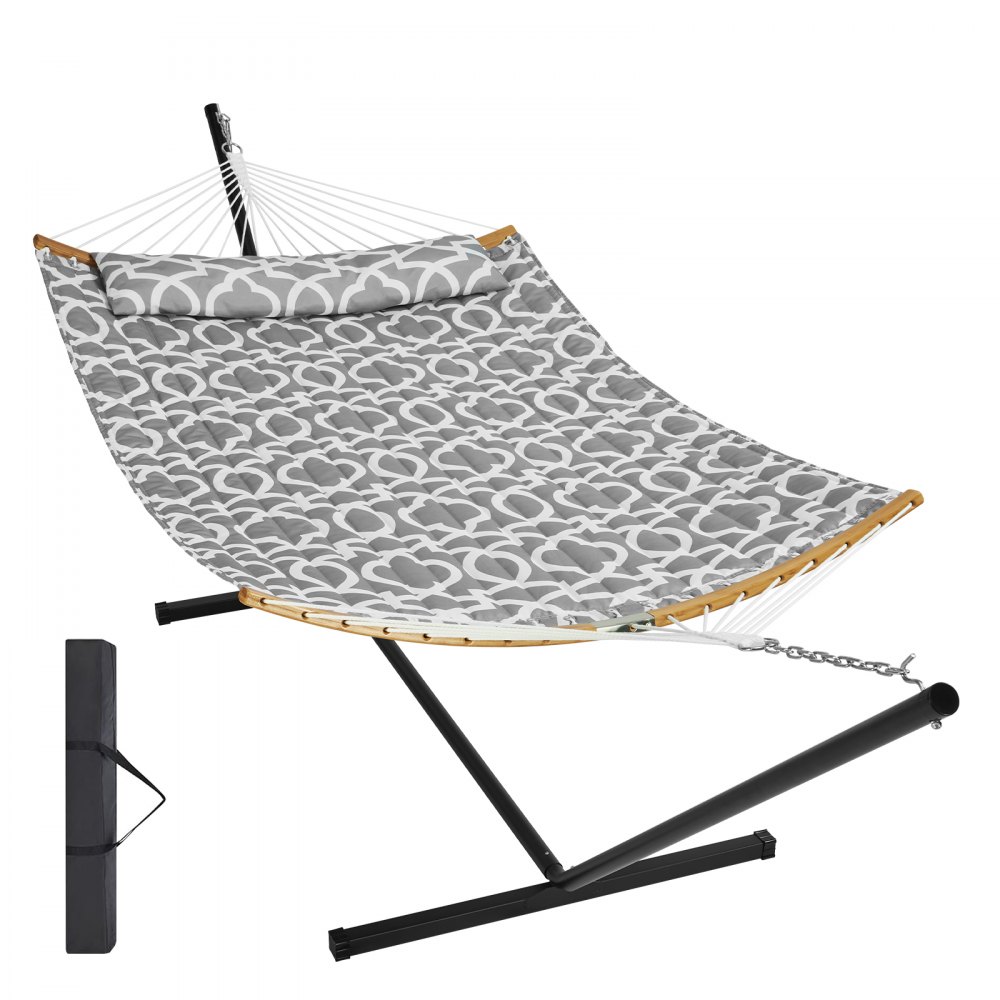 VEVOR double hammock with stand, gray patterned fabric, and two black carrying bags.