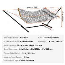 VEVOR Hammock for 2 Person Double Hammock with Curved Spreader Bar Removable Pillow and Portable Carry Bag Hammock for Outdoor Use Load Capacity 200 kg Gray and White Pattern