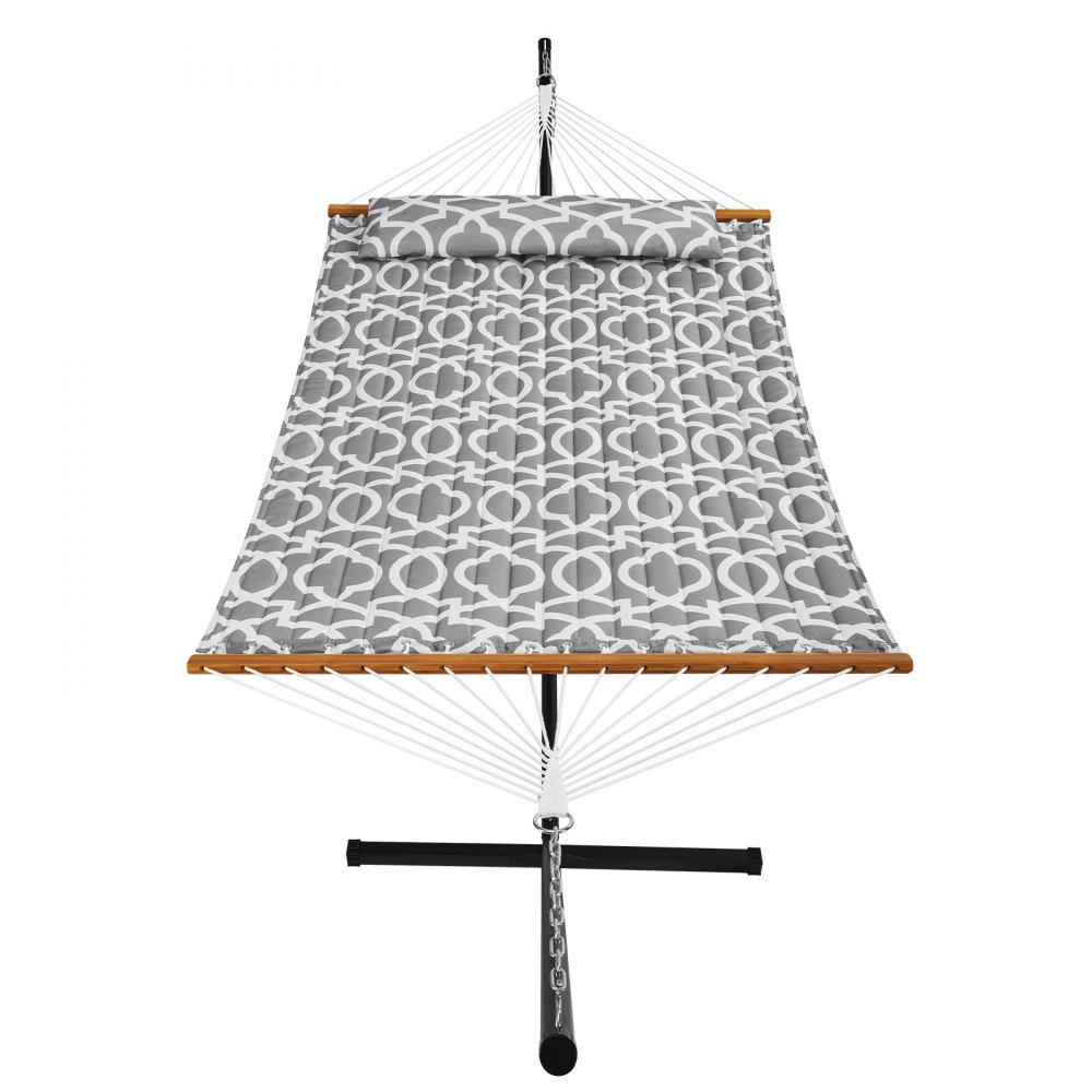 VEVOR dubbele hangmat met standaard, draagvermogen van 218 kg, dubbele hangmat met stalen standaard van 3,5 meter, draagbare draagtas en kussen, buitenhangmat, grijs en wit patroon