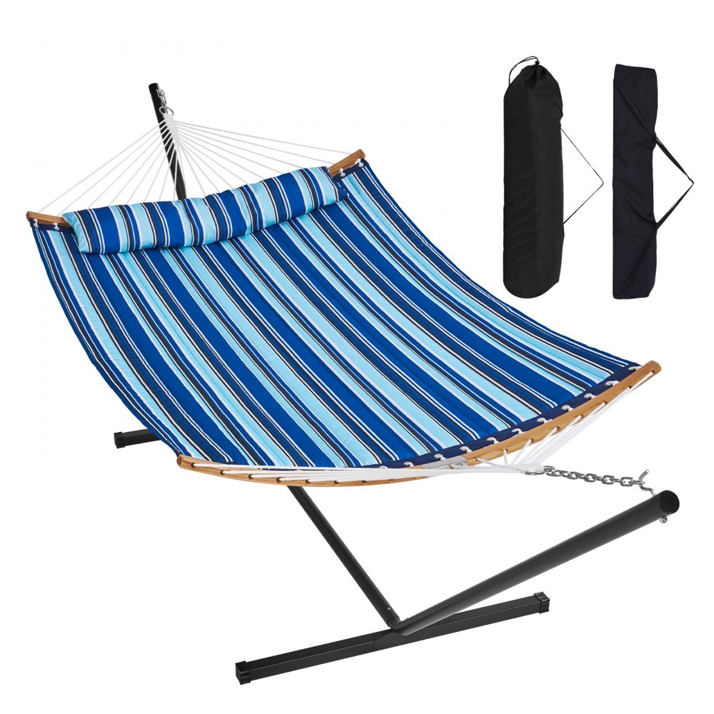 VEVOR Hammock for 2 Person Double Hammock with Curved Spreader Bar Removable Pillow and Portable Carry Bag Hammock for Outdoor Use Load Capacity 200 kg Blue and White Stripes Quilted