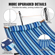VEVOR Hammock for 2 Person Double Hammock with Curved Spreader Bar Removable Pillow and Portable Carry Bag Hammock for Outdoor Use Load Capacity 200 kg Blue and White Stripes Quilted