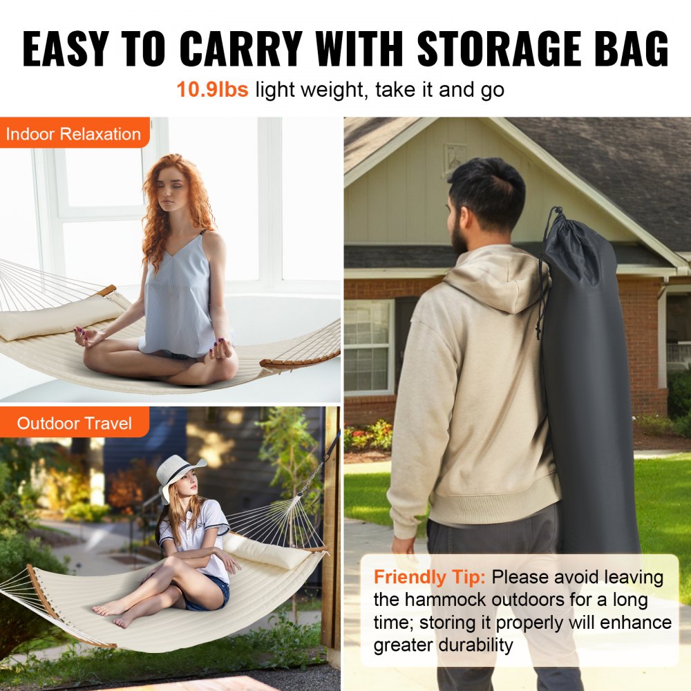 VEVOR Double Quilted Fabric Hammock with Curved Spreader Bars Detachable Pillow