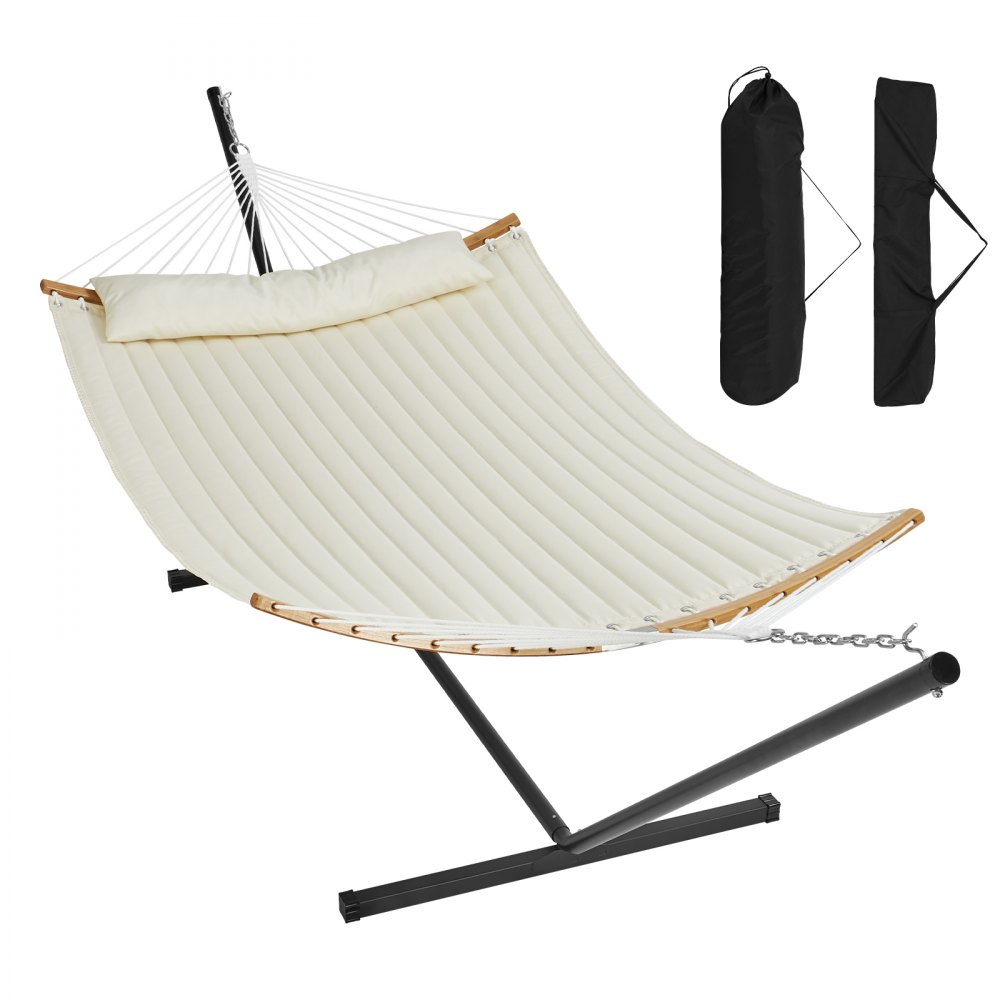 VEVOR Hammock for 2 Person with Stand Double Hammock with Curved Spreader Bar Removable Pillow and Portable Carrying Bag Hammock for Outdoor Use Load Capacity 207 kg Cream White