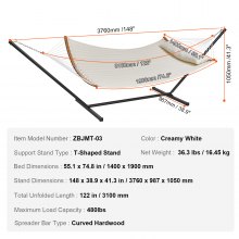 VEVOR 2-persoons hangmat met standaard Dubbele hangmat met gebogen spreidstok Afneembaar kussen en draagbare draagtas Outdoorhangmat Draagvermogen 207 kg Crèmewit