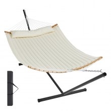 VEVOR 2-persoons hangmat met standaard Dubbele hangmat met gebogen spreidstok Afneembaar kussen en draagbare draagtas Outdoorhangmat Draagvermogen 207 kg Crèmewit