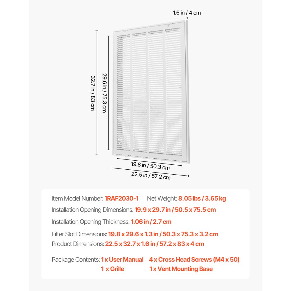 VEVOR Return Air Filter Grille, Fits W20 x H30 Inch Duct Opening, Filter Not Included, Return Air Vent Cover for Wall, Powder-Coated Steel Return Air Grill Detachable Face/Door for 1 inch Filters