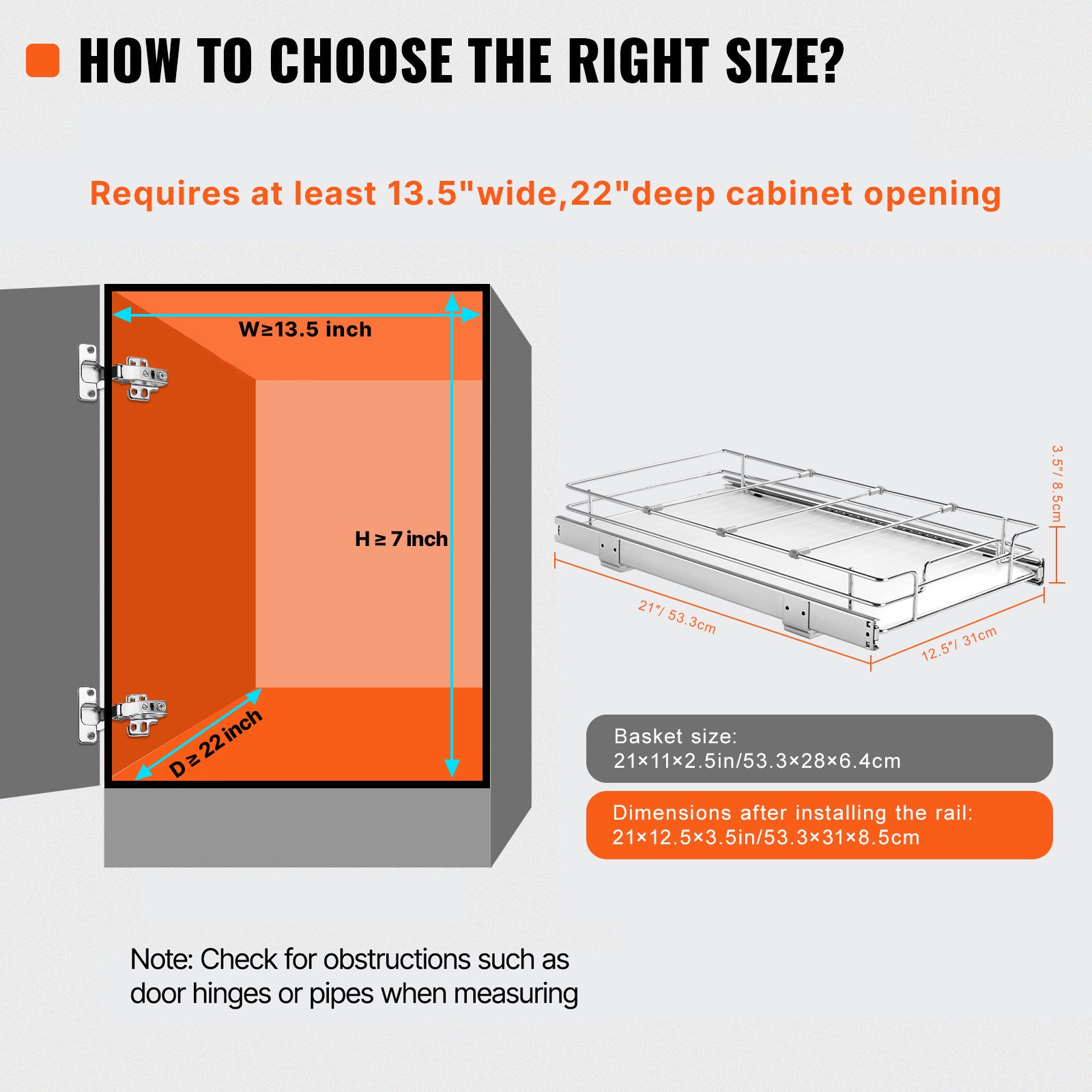 VEVOR 11"Wx21"Dx2.5"H Pull Out Cabinet Organizer, Heavy Duty Slide Out Pantry Shelves, Steel Roll Out Drawers, Sliding Drawer Storage for Home Under Sink, 13.5"Wx22"Dx7"H Install Size for Cabinet