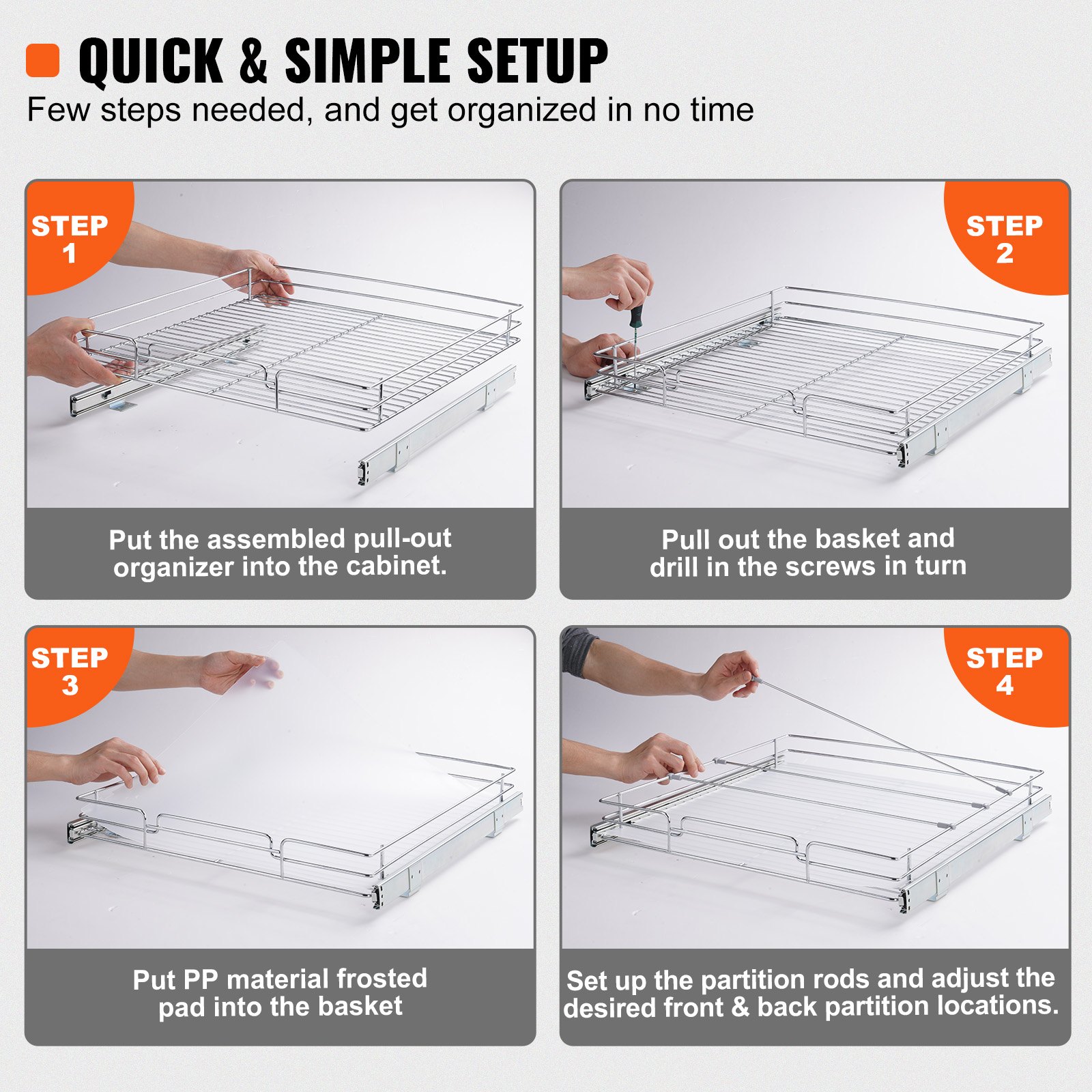 VEVOR 507x533x85 mm Pull Out Cabinet Organizer, Heavy Duty Slide Out Pantry Shelves, Chrome-Plated Steel Roll Out Drawers, Storage for Home, Under Sink,563x567x185 mm Install Size for Cabinet