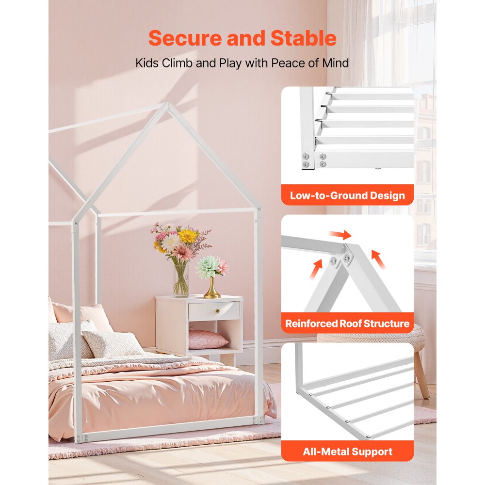 VEVOR House Bedframe Twin Size Metalen Vloerbedframe met Dak Wit